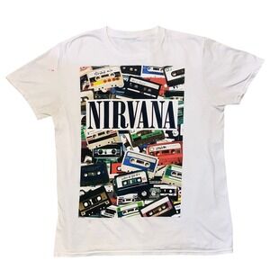 Nirvana Cassette Mix Tape Graphic T-Shirt White Band Tee Mens Small Lithium 90s